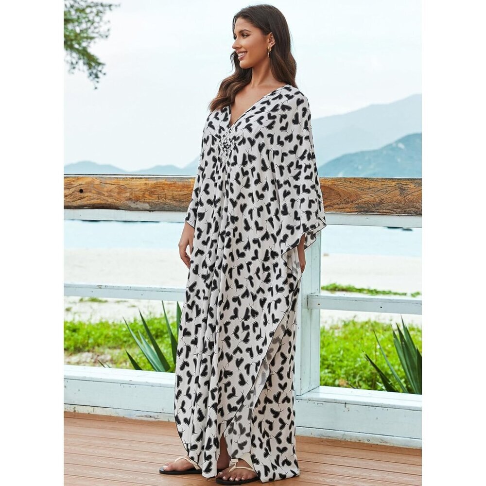 Women White Base With Hearts V-neck Sleeve Flowy Split Hem Bohemian Kaftan Dress - Picture 5 of 6